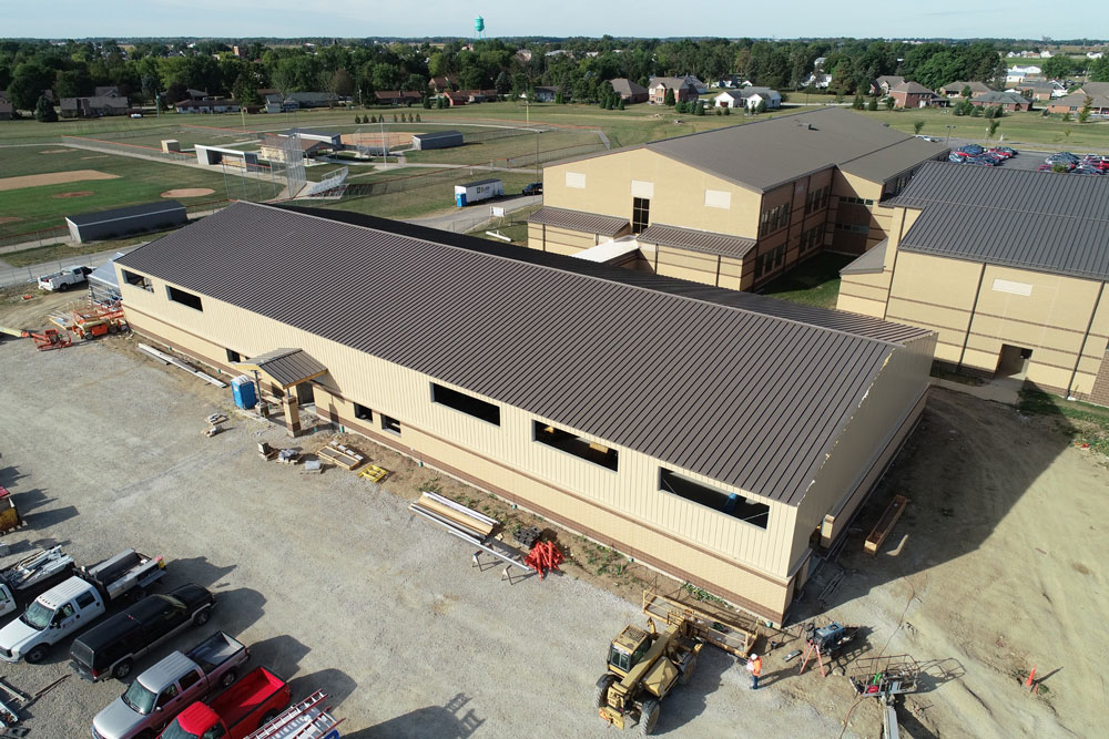 Aerial view of Arcanum school building almost finished.