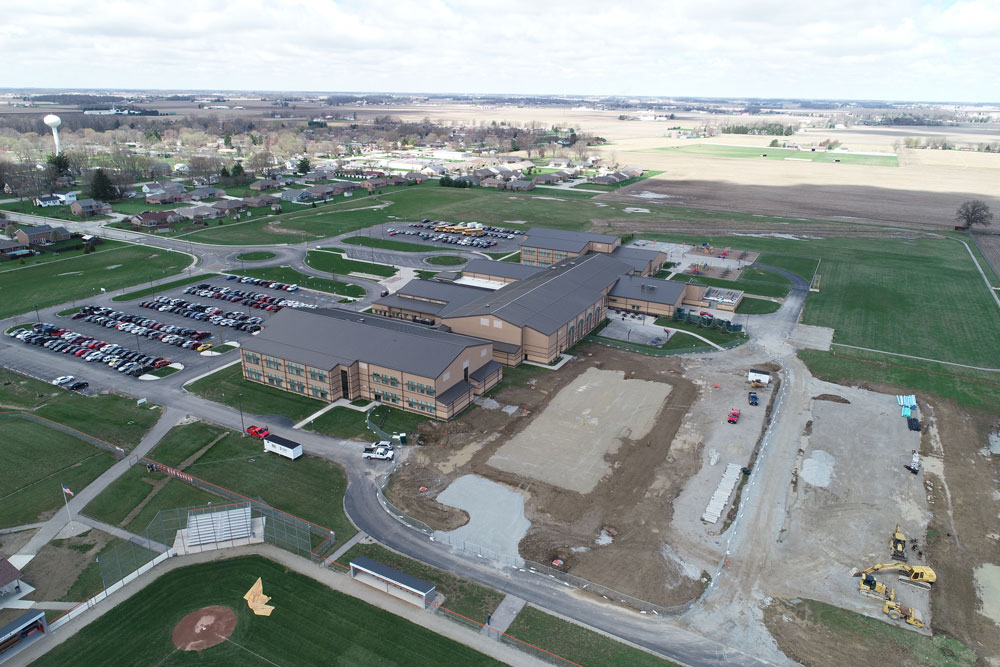 Aerial view of Arcanum school building under construction.