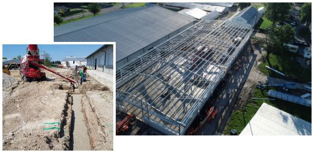 Steel barn under construction with inset of pouring cement.