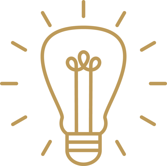Logo of lightbulb with filament and emitting beams.