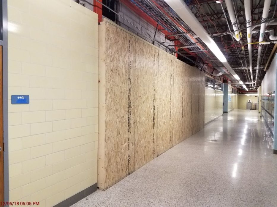 Temporary walls built to continue construction while school was in session.