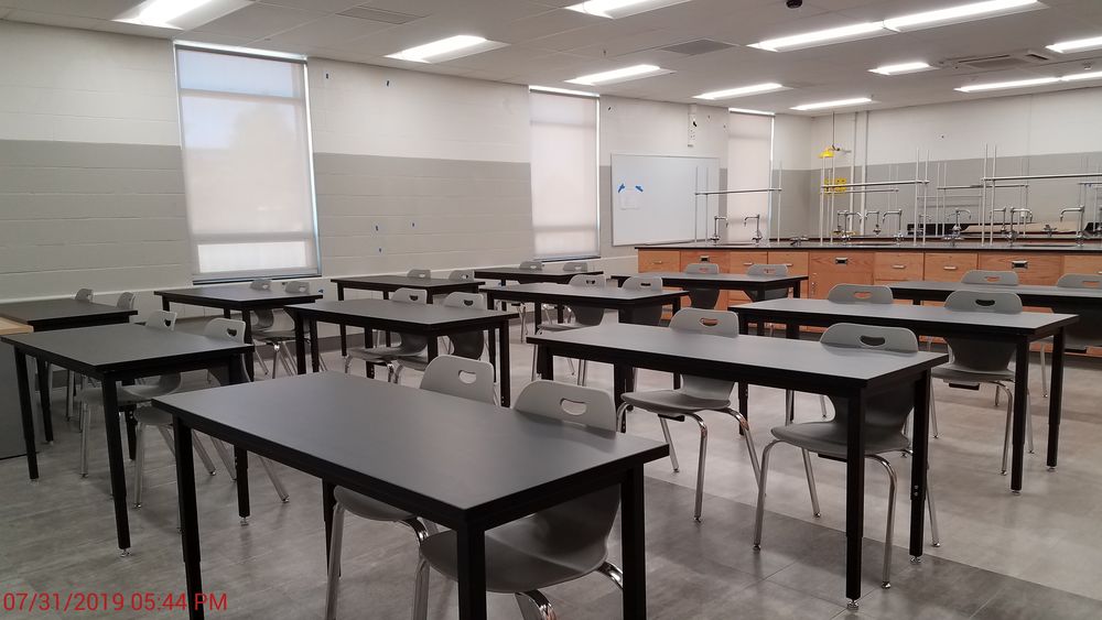 New classroom furniture and casework in science room.