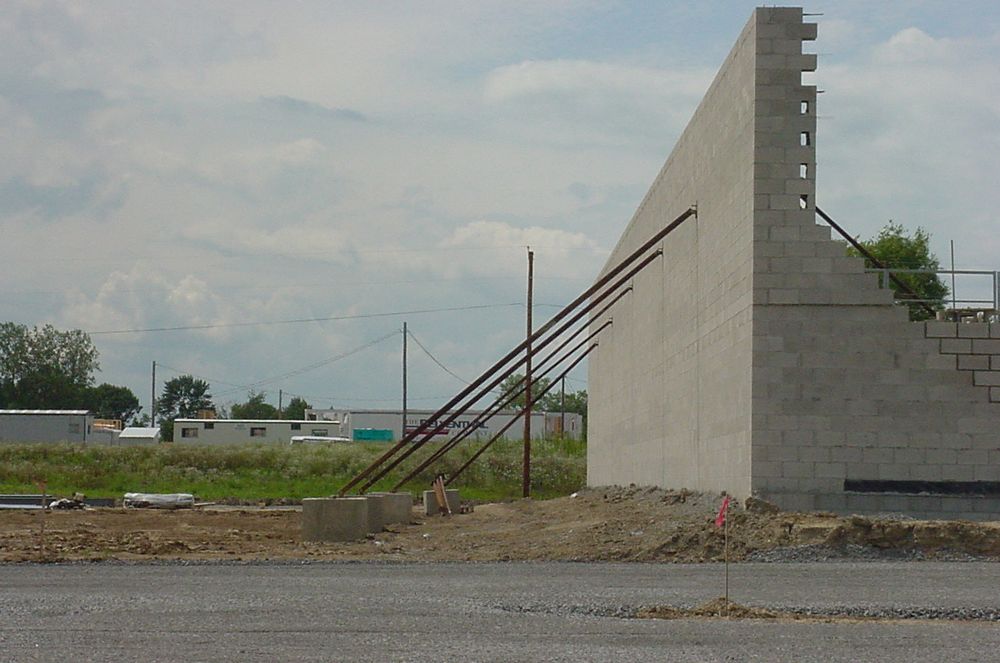 Masonry construction ongoing for new commercial facility.
