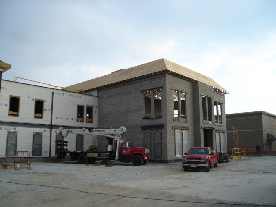 Exterior of new commercial office building under construction.