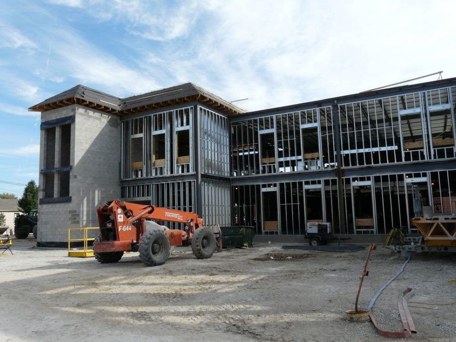 Exterior of new commercial office building under construction.