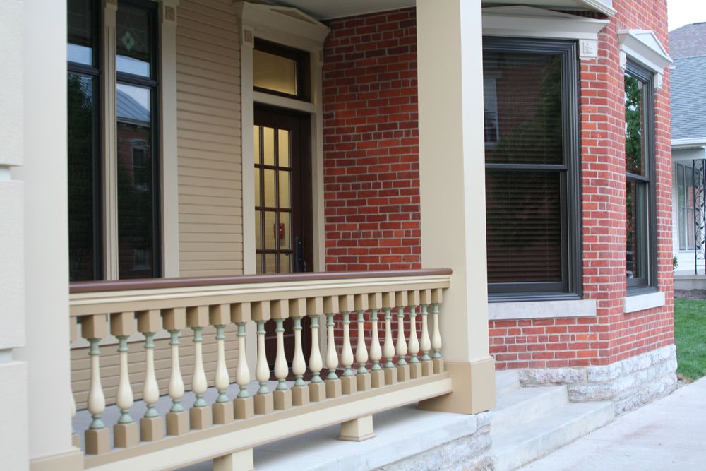 Close up view of porch on completed office building.