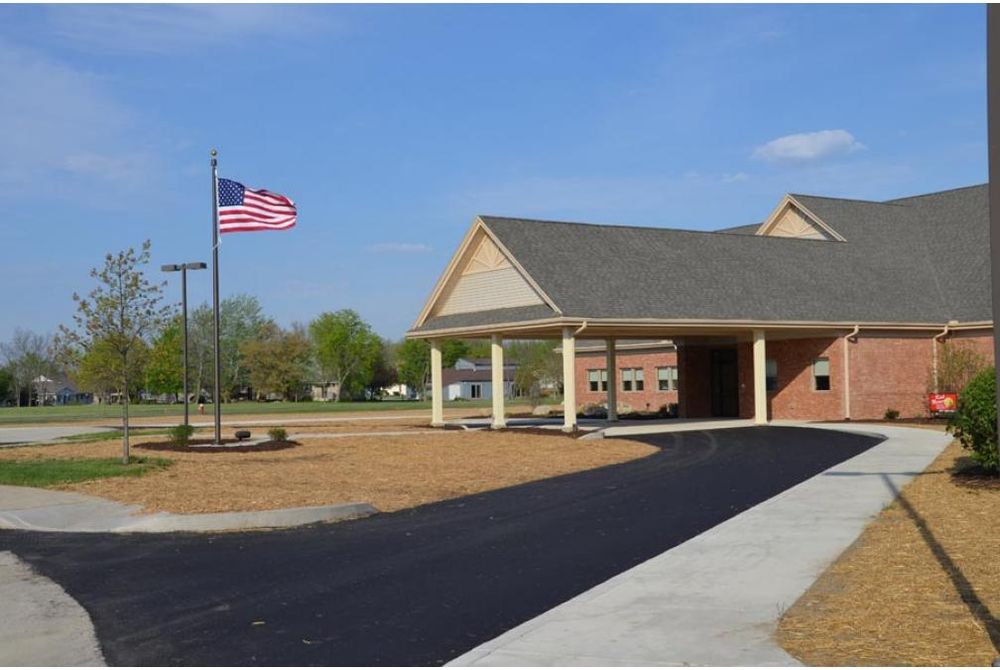 Exterior photo showing the front of the nearly finished Otterbein Life Enrichment Center in St. Marys, Ohio.